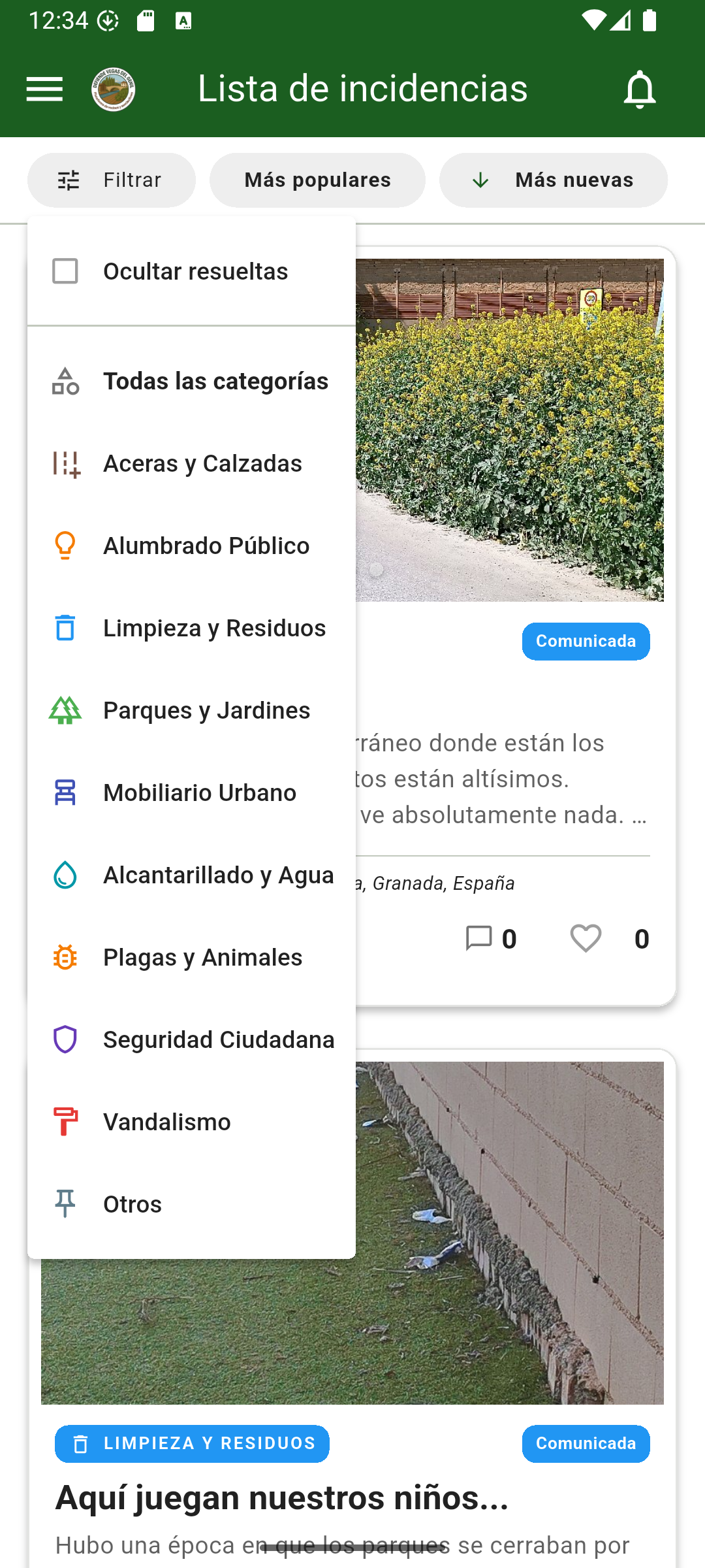 Lista de incidencias